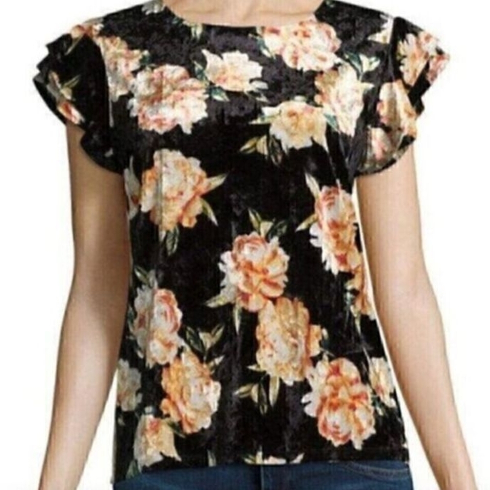 a.n.a Black Floral Velvet Short Sleeve Blouse Size PL
